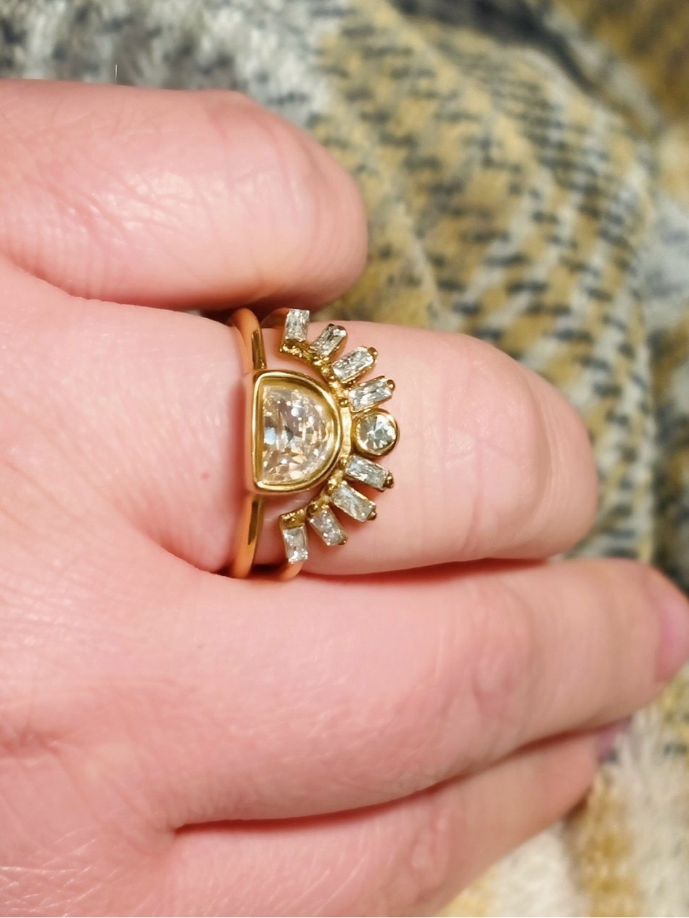 18k Yellow Gold Over Stainless Steel Sunburst Unique Cut Zircon Diamond Ring!